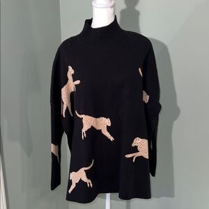 Black Mock Turtleneck Tunic Sweater with Cheetah Pattern Sz S